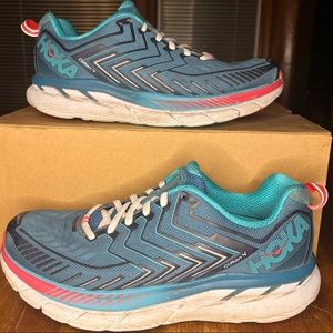 Hoka One One Clifton 4 WIDE Women's Running Shoes Blue Pink Sneakers Size 9 D